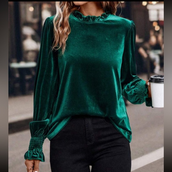 Cozy Classic Smocked Cuff Long Sleeve Velvet Blouse Shirt - Picture 4 of 5